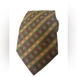 Hermès Paris Silk Tie  Brown Gold Geometric Pattern Made in France Authentic